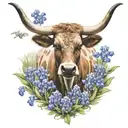 Texas longhorn and bluebonnets field cow tattoo design idea