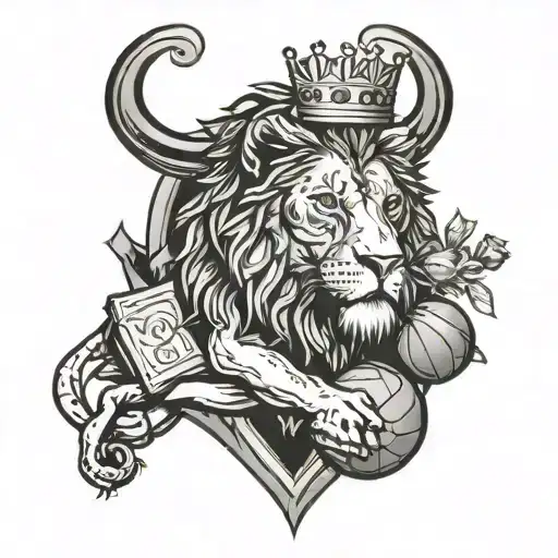 A majestic lion wearing a basketball jersey and crown, surrounded by money bags and music notes, representing your favorite things - basketball, money, and music tattoo design idea