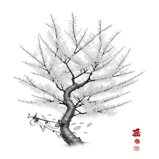 Japanese cherry blossom tree with fishing hooks as petals tattoo design idea