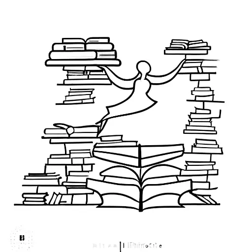 A minimalist design of a bookshelf filled with books, with a dancer gracefully balancing on top tattoo design idea