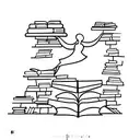 A minimalist design of a bookshelf filled with books, with a dancer gracefully balancing on top tattoo design idea