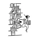 A minimalist design of a bookshelf filled with books, with a dancer gracefully balancing on top tattoo design idea