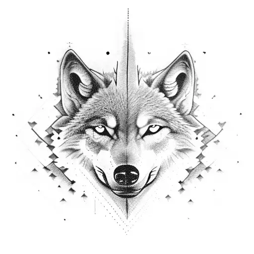 A divided brain with a sinister wolf on one side and a benevolent wolf on the other tattoo design idea