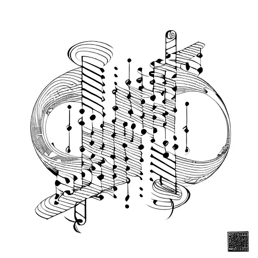 A colorful music sheet with Escher-inspired patterns tattoo design idea