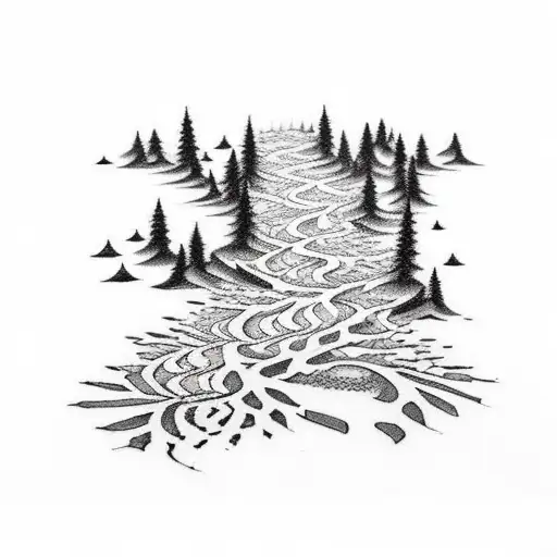 a path of footprints fading away. at the end a forest oasis with water a campfire and trees tattoo design idea
