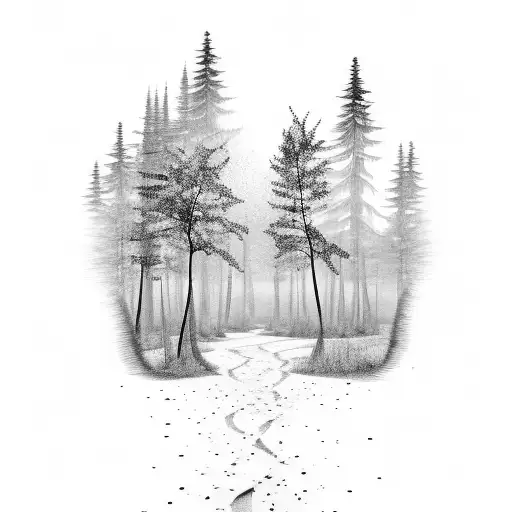 a path of footprints fading away. at the end a forest oasis with water a campfire and trees tattoo design idea