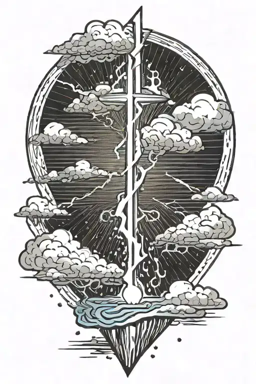 Lightning bolt outwith water spilling out and beach scene in the background with clouds escaping the center of the bolt. tattoo design idea