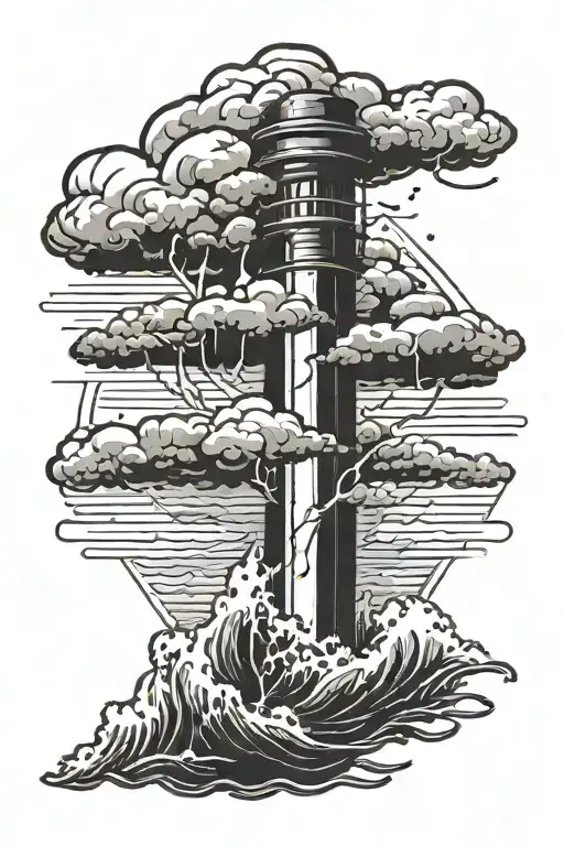 Lightning bolt outwith water spilling out and beach scene in the background with clouds escaping the center of the bolt. tattoo design idea