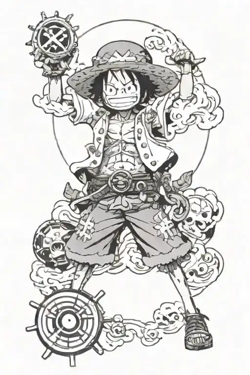 one piece, in length with half of the Sunny and half of the fruit of vomit vomit no mi with a compass with the world tattoo design idea