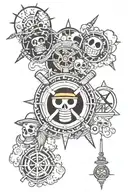 one piece, in length with half of the Sunny and half of the fruit of vomit vomit no mi with a compass with the world tattoo design idea