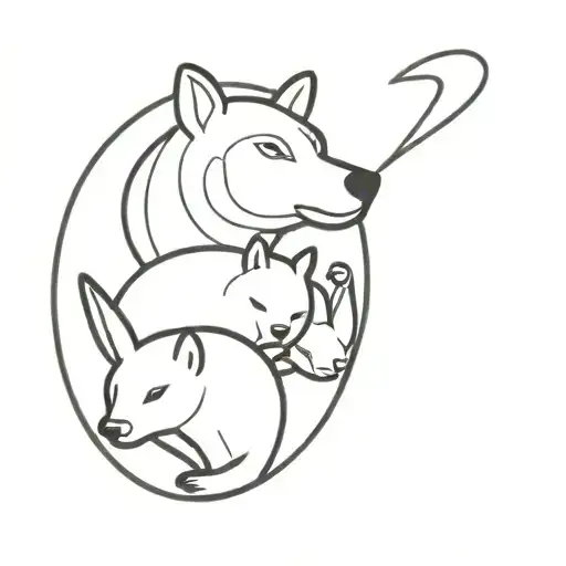 dog, cat, bunny, bear and lioness, all inside of a big fish  tattoo design idea