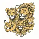 lion and lioness with 2 cubs with names tattoo design idea