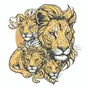 lion and lioness with 2 cubs with names tattoo design idea