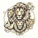 lion and lioness with 2 cubs with names tattoo design idea