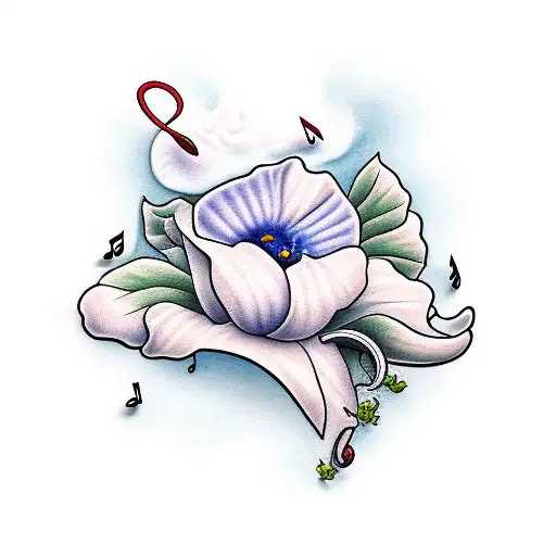 baby name with morning glory flower, musical notes and clouds tattoo design idea
