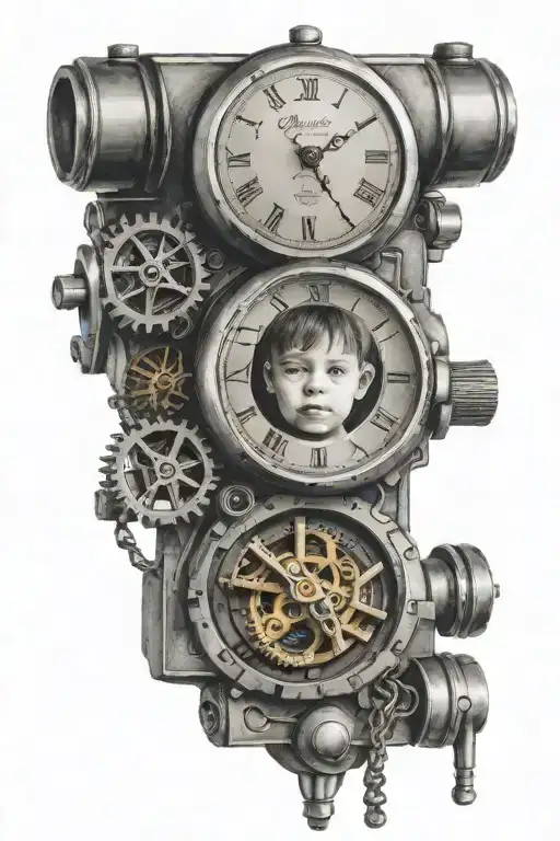 child portrait, pocket watch mechanism intertwined, building blocks with name  tattoo design idea