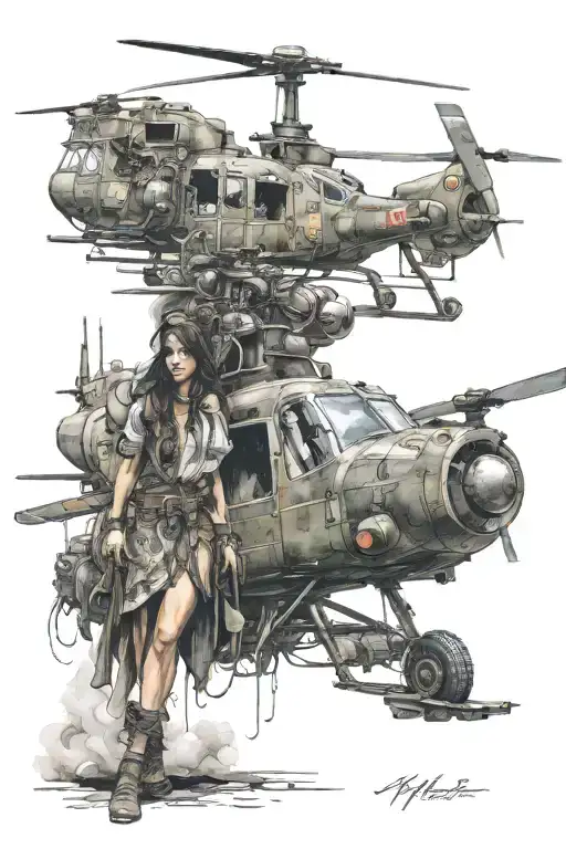 gypsy girl side profile helicopters firefight war tattoo design idea