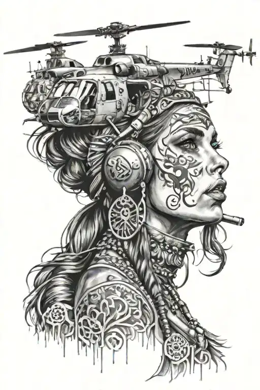 gypsy girl with blackhawk helicopter design integrated tattoo design idea
