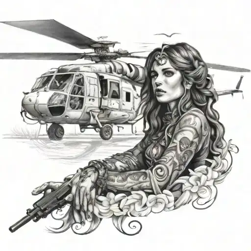 gypsy girl with blackhawk helicopter design integrated tattoo design idea