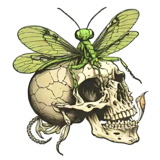 praying mantis holding  skull tattoo design idea