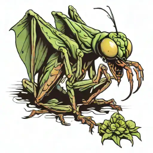 praying mantis eating person tattoo design idea