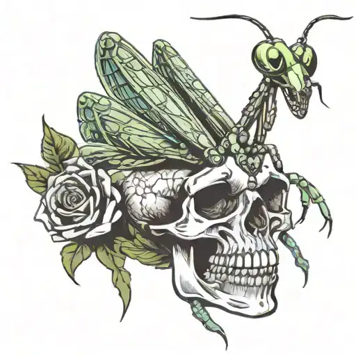 praying mantis eating skull tattoo design idea