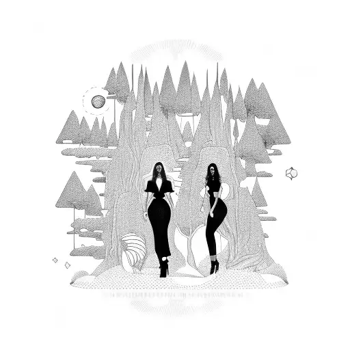 Beyonce and Dua Lipa performing together in a mystical forest tattoo design idea