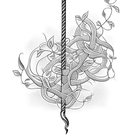 A crochet hook entwined with vines and flowers tattoo design idea