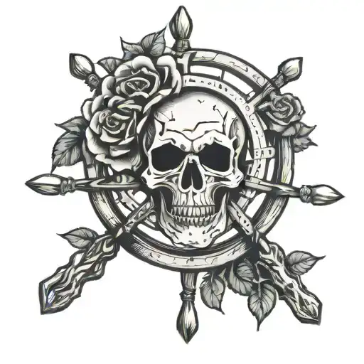 skull rose ship steering wheel tattoo design idea