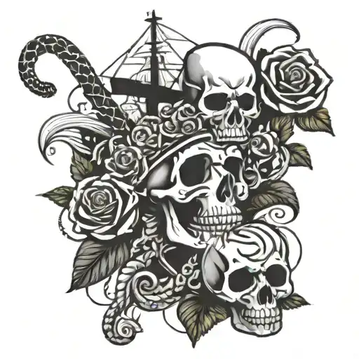 skull rose ship rudder snake rope tattoo design idea