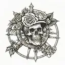 skull rose ship steering wheel tattoo design idea