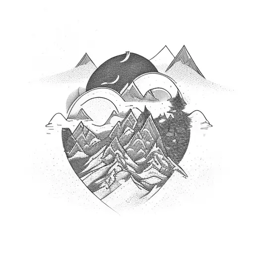 A majestic mountain range with a winding road leading up to it, adorned with a Harley Davidson motorcycle tattoo design idea