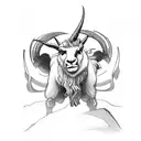 A fierce mountain goat standing atop a Harley Davidson motorcycle, symbolizing strength and adventure tattoo design idea