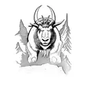 A fierce mountain goat standing atop a Harley Davidson motorcycle, symbolizing strength and adventure tattoo design idea