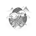 A majestic mountain range with a winding road leading up to it, adorned with a Harley Davidson motorcycle tattoo design idea