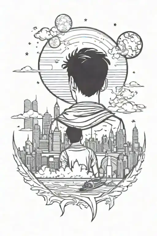 Boy looking into the skyline. Houston Texas. space  tattoo design idea