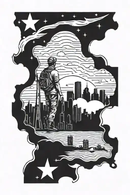 Boy looking into the skyline. Houston Texas with stars. Texas state shape tattoo design idea