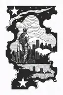 Boy looking into the skyline. Houston Texas with stars. Texas state shape tattoo design idea