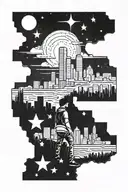 Boy looking into the skyline. Houston Texas with stars. Texas state shape tattoo design idea