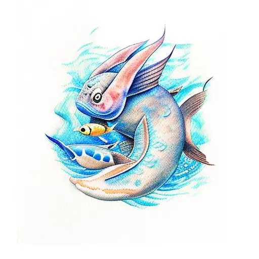 A realistic tattoo of Mudkip swimming in a watercolor ocean tattoo design idea