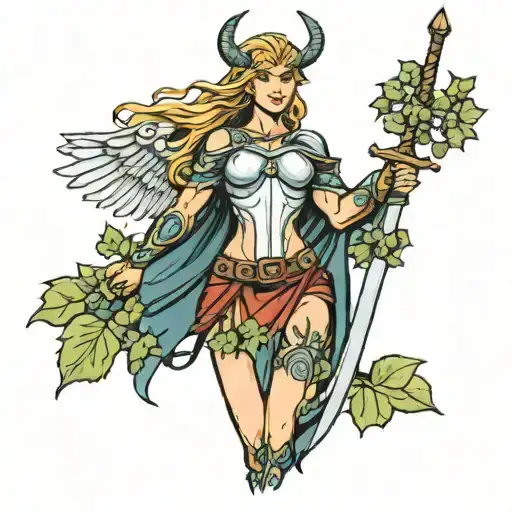 Valkyrie warrior draped in ivy holding a sword  tattoo design idea