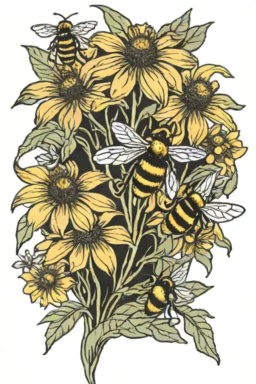 black eyed Susans with single bee tattoo design idea