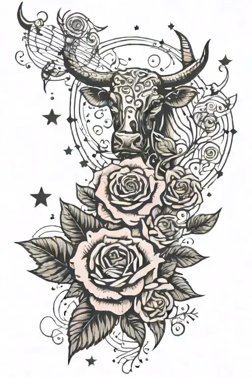 A Taurus constellation intertwined with musical notes and roses tattoo design idea