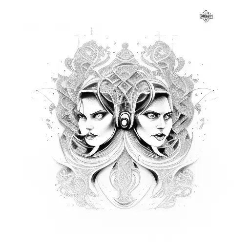 A portrait of Lizelore and Thijs, two influential jazz musicians, merged with musical elements tattoo design idea