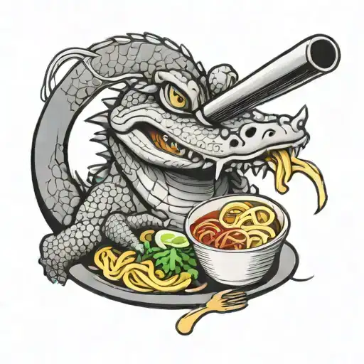 alligator eating ramen tattoo design idea