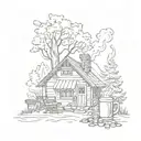 cottage with cherry tree on right side, sun on left side, in front of two beer cups amd goulash on fire camp tattoo design idea