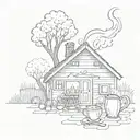cottage with cherry tree on right side, sun on left side, in front of two beer cups amd goulash on fire camp tattoo design idea