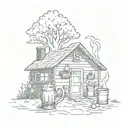 cottage with cherry tree on right side, sun on left side, in front of two beer cups amd goulash on fire camp tattoo design idea