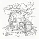 cottage with cherry tree on right side, sun on left side, in front of two beer cups amd goulash on fire camp tattoo design idea