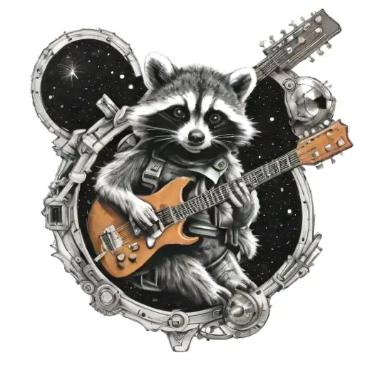 A mechanical raccoon playing a guitar in outer space tattoo design idea